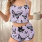 Mor Renk Kelebek Desenli Şortlu Ev Giyim Takımı,Kadın Yazlık Askılı Pijama, Rahat ve Şık Ev Giyim