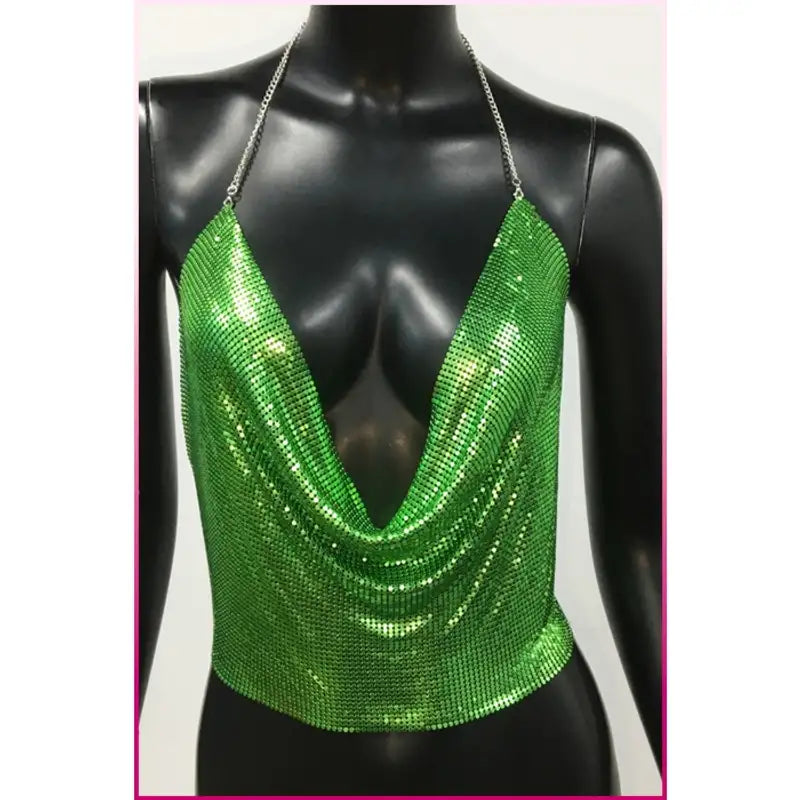 Kristal Yeşil Taşlı Parlak Crop &amp; Bluz Kolsuz Kayık Yaka Parti Plaj Büstiyer