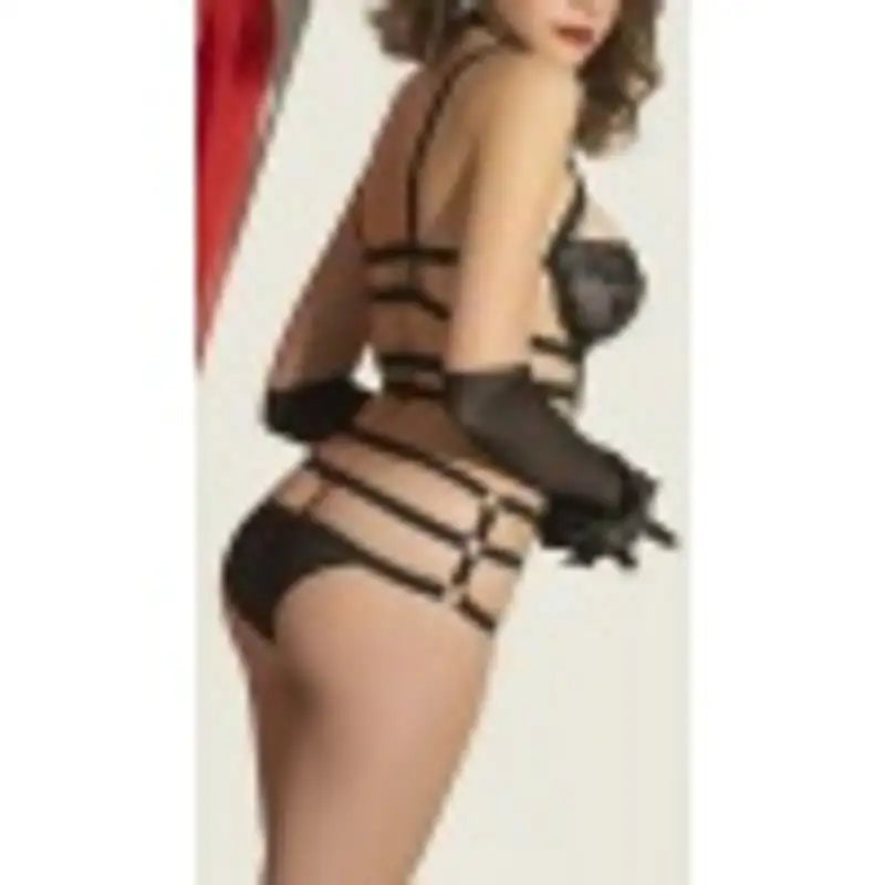 BDSM Temalı Siyah Dantelli Fantazi İç Giyim Seti,Metal Halkalı Transparan Seksi Takım