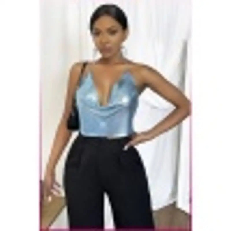 Kristal Mavi Taşlı Parlak Crop &amp; Bluz Kolsuz Kayık Yaka Parti Plaj Büstiyer