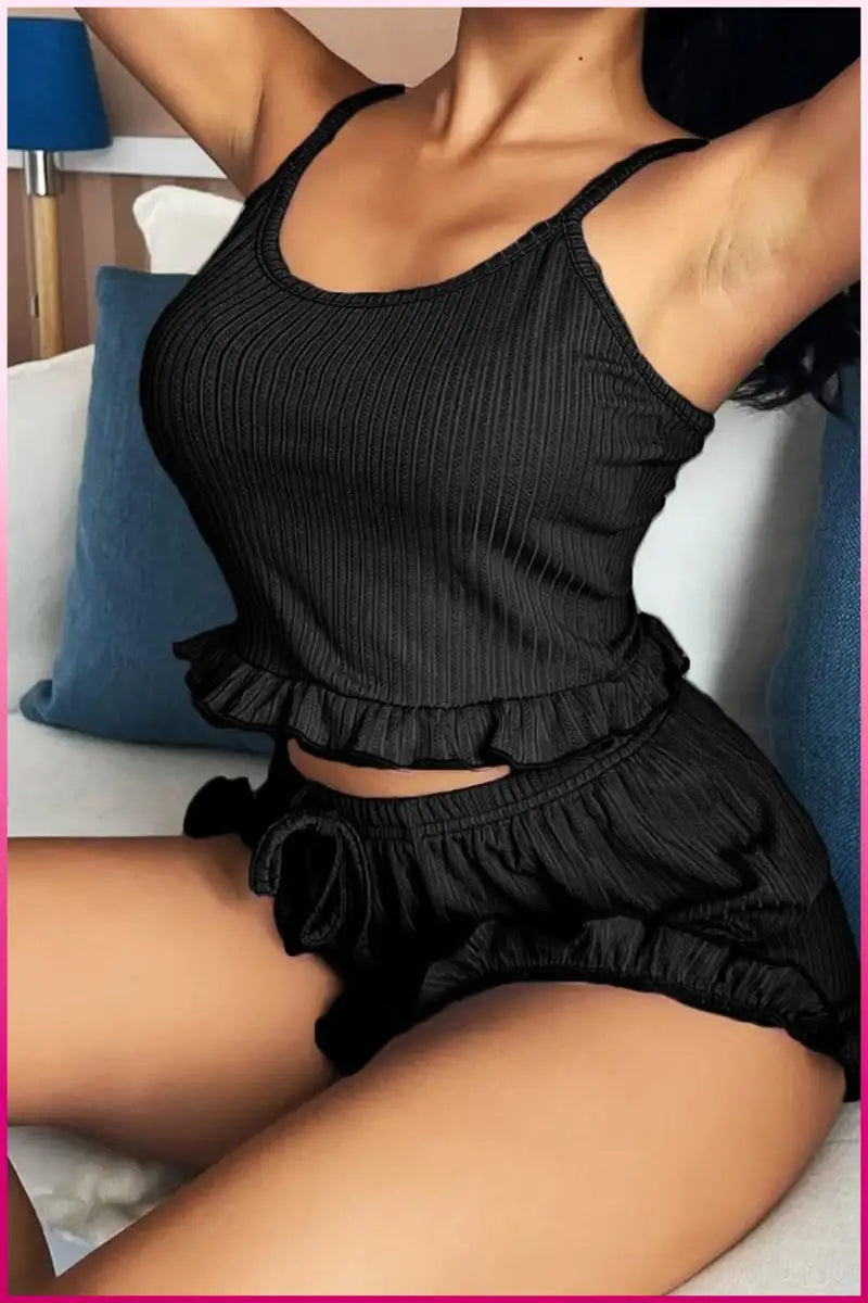 Siyah Mini Arkası Çapraz İpli Şortlu PijamaTakımı