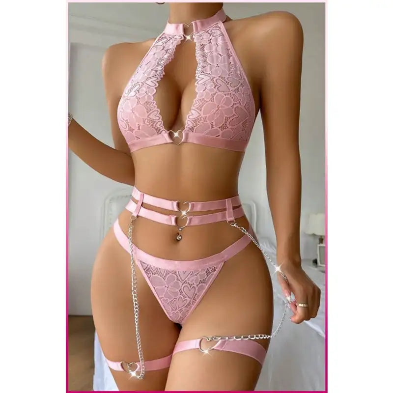 Pembe Dantelli Kalp Detaylı Zincirli Seksi İç Giyim Seti