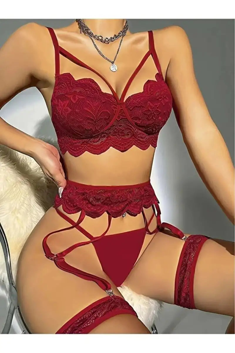 Kadın Bordo Dantel Detaylı Jartiyer Takım