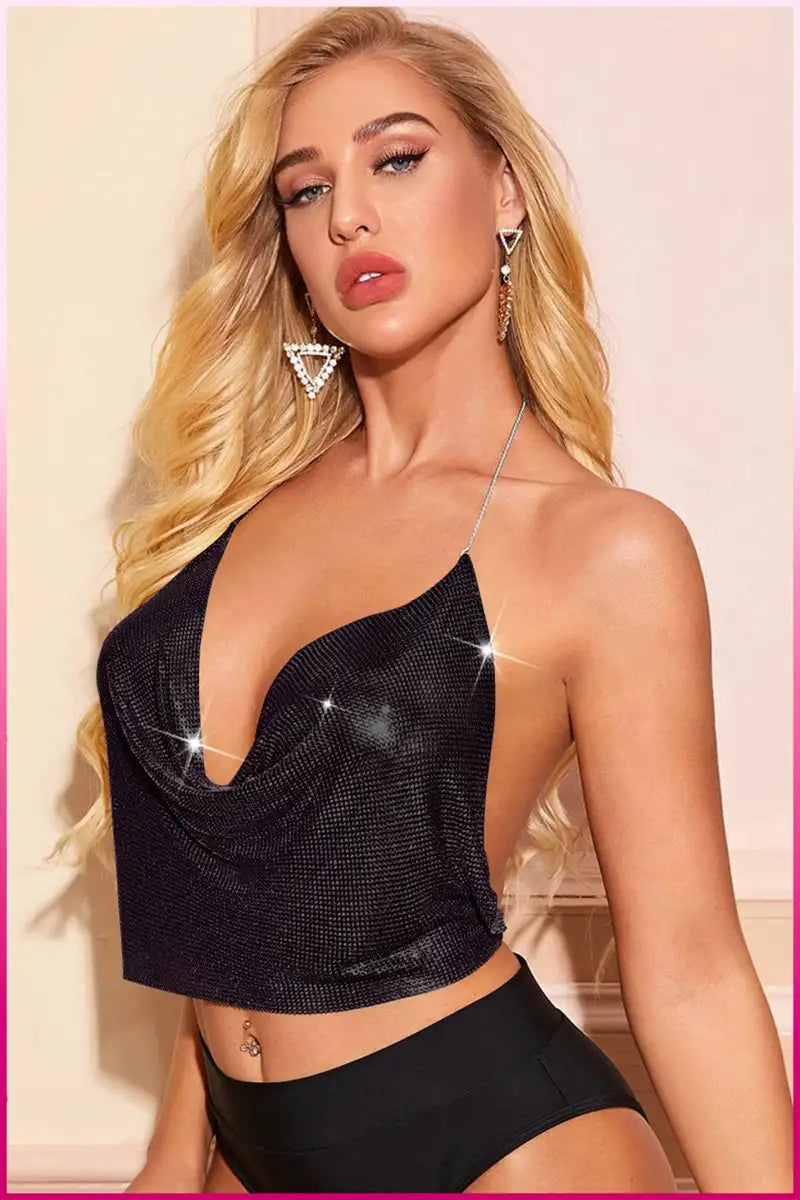 Kristal Siyah Taşlı Parlak Crop &amp; Bluz Kolsuz Kayık Yaka Parti Plaj Büstiyer