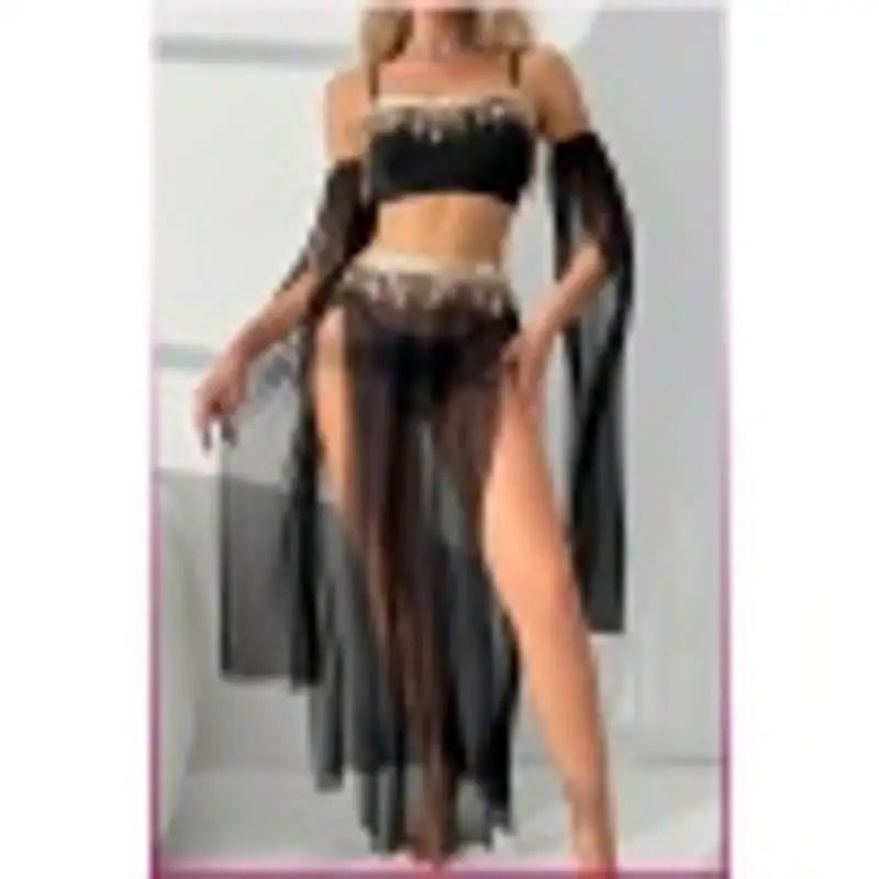 Siyah Pul Aksesuarlı Tül Etekli Kadın Seksi Gecelik