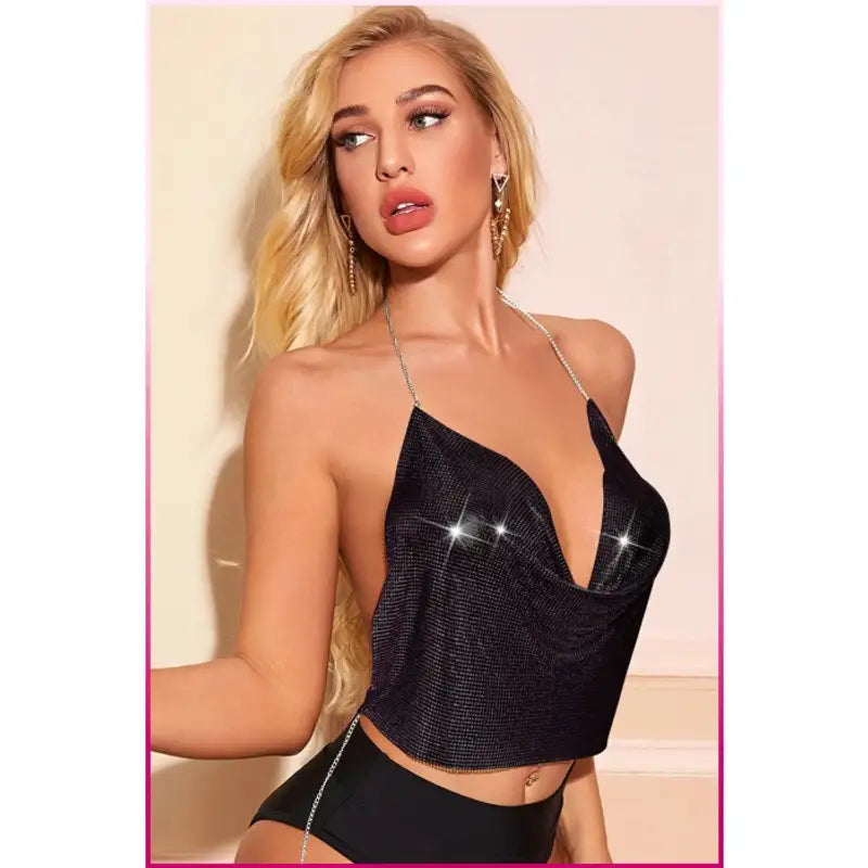 Kristal Siyah Taşlı Parlak Crop &amp; Bluz Kolsuz Kayık Yaka Parti Plaj Büstiyer