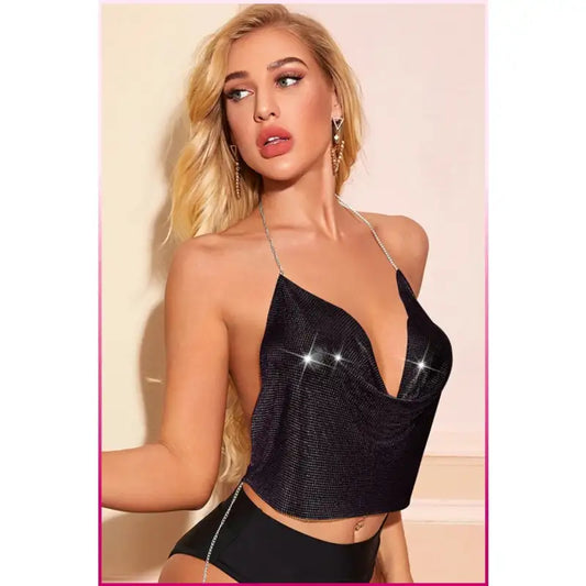 Kristal Siyah Taşlı Parlak Crop &amp; Bluz Kolsuz Kayık Yaka Parti Plaj Büstiyer
