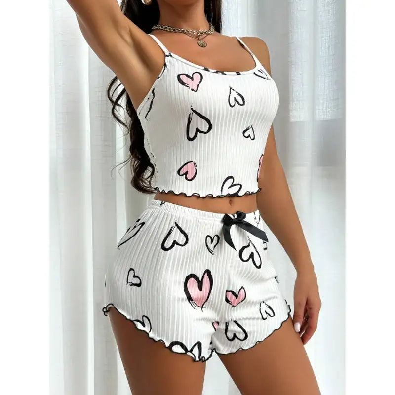 Beyaz Kalp Desen Detaylı 2Lİ Pijama Takımı