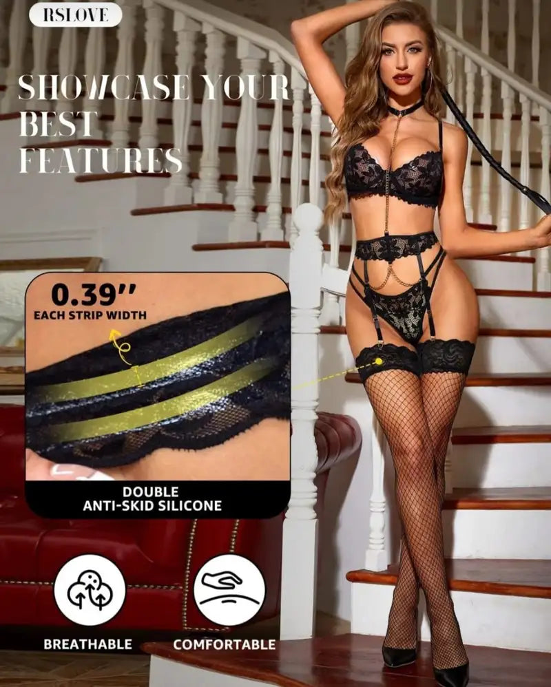 Kadın Siyah File Silikonlu Jartiyer Çorabı