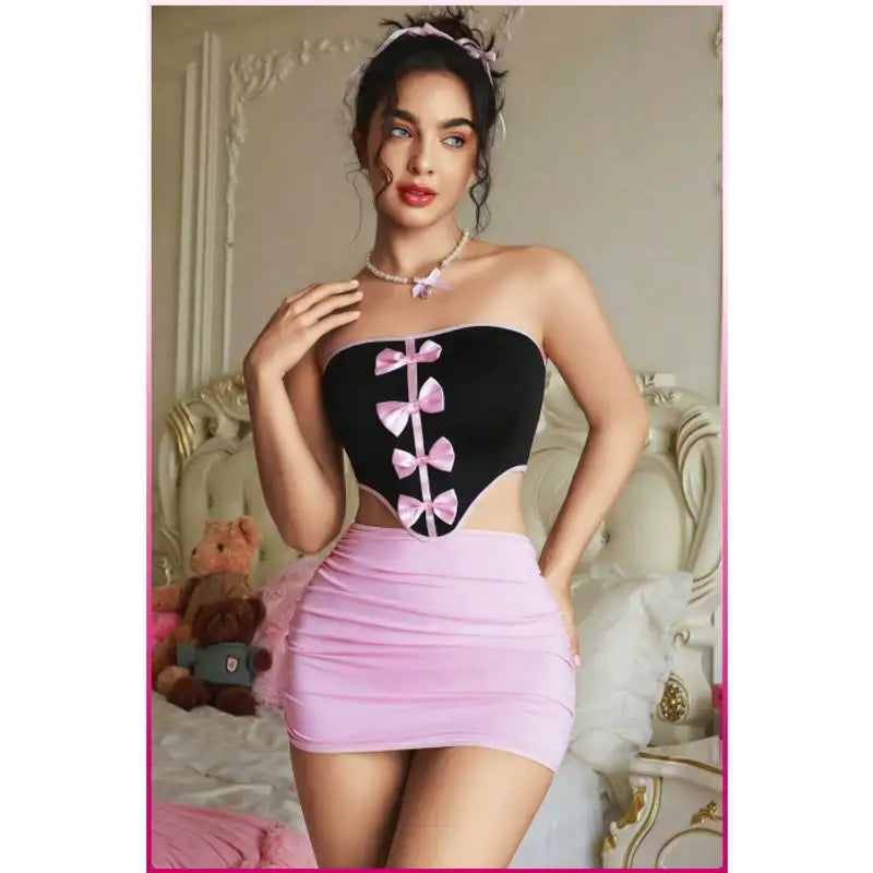 Kadın Pembe Fiyonklu Etekli Seksi Kostüm