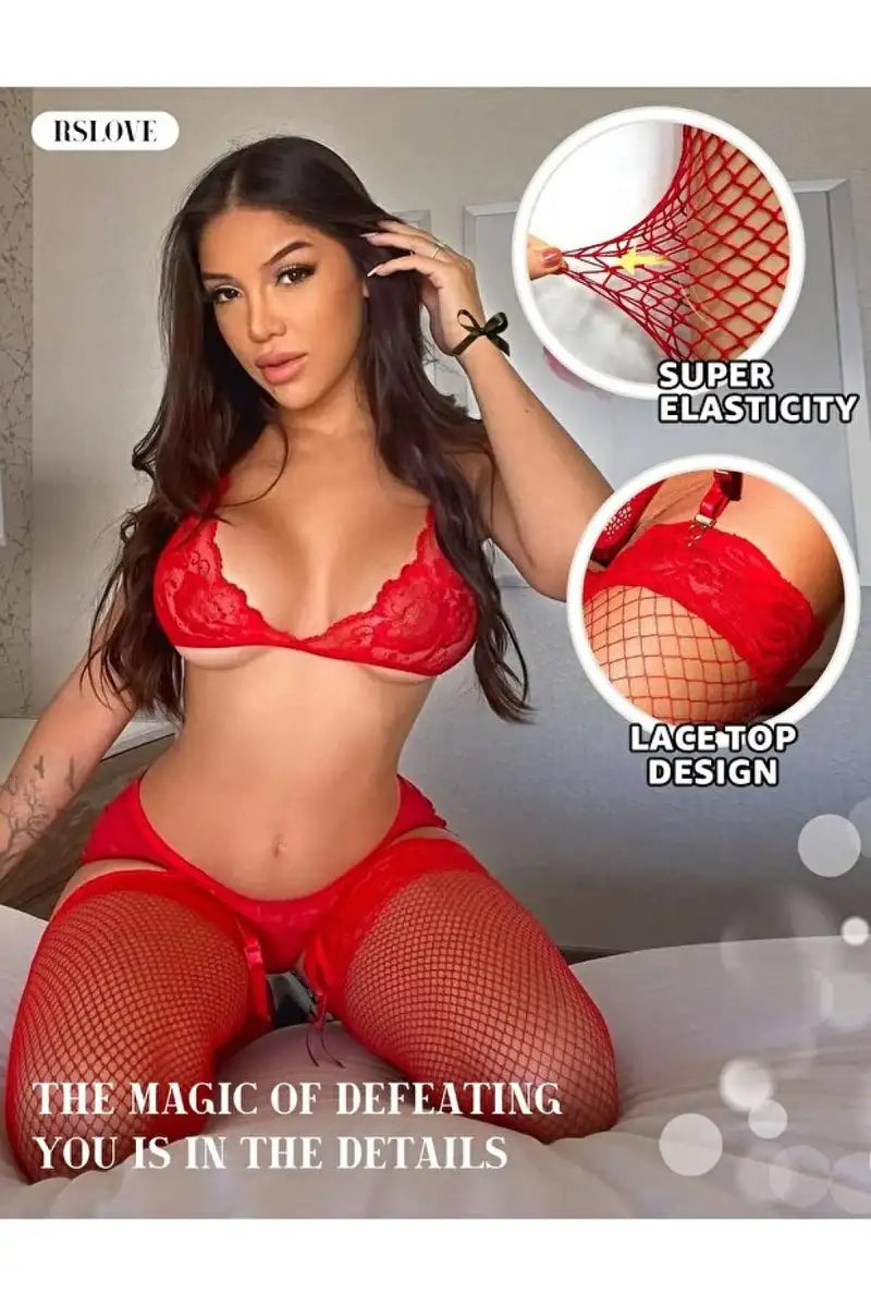 Kadın Kırmızı File Silikonlu Jartiyer Çorabı