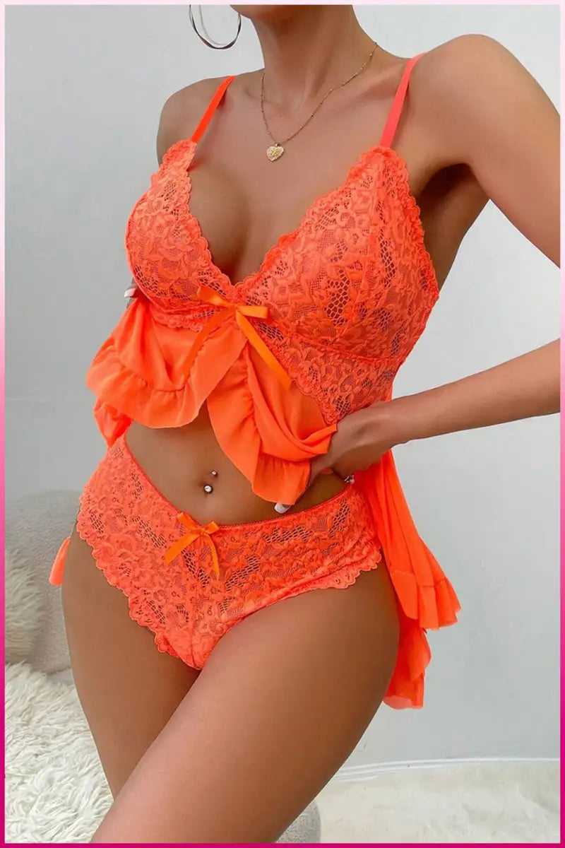 Kadın Zarif Turuncu Tül Gecelik ve Külot Takım