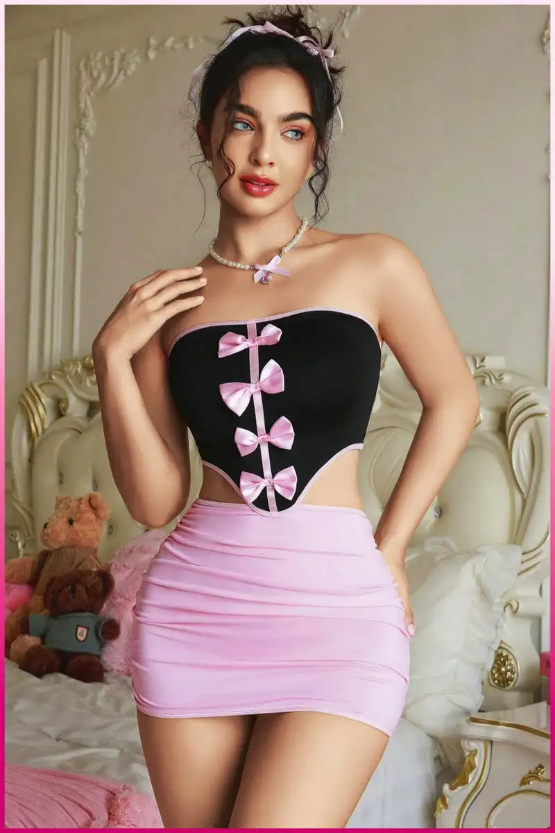 Kadın Pembe Fiyonklu Etekli Seksi Kostüm