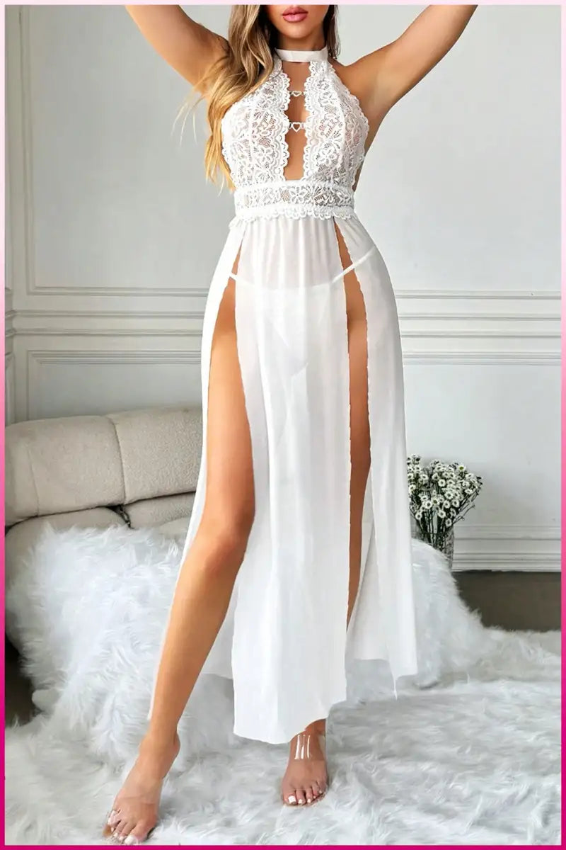 Beyaz Kalp Aksesuarlı Tül Etekli Kadın Seksi Gecelik