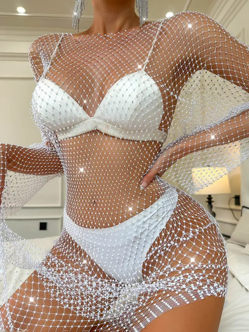 Işıltılı Beyaz File Detaylı Uzun File Gece Elbisesi &amp; Taş İşlemeli Parti Modeli-Gece &amp; Davet Şıklığı