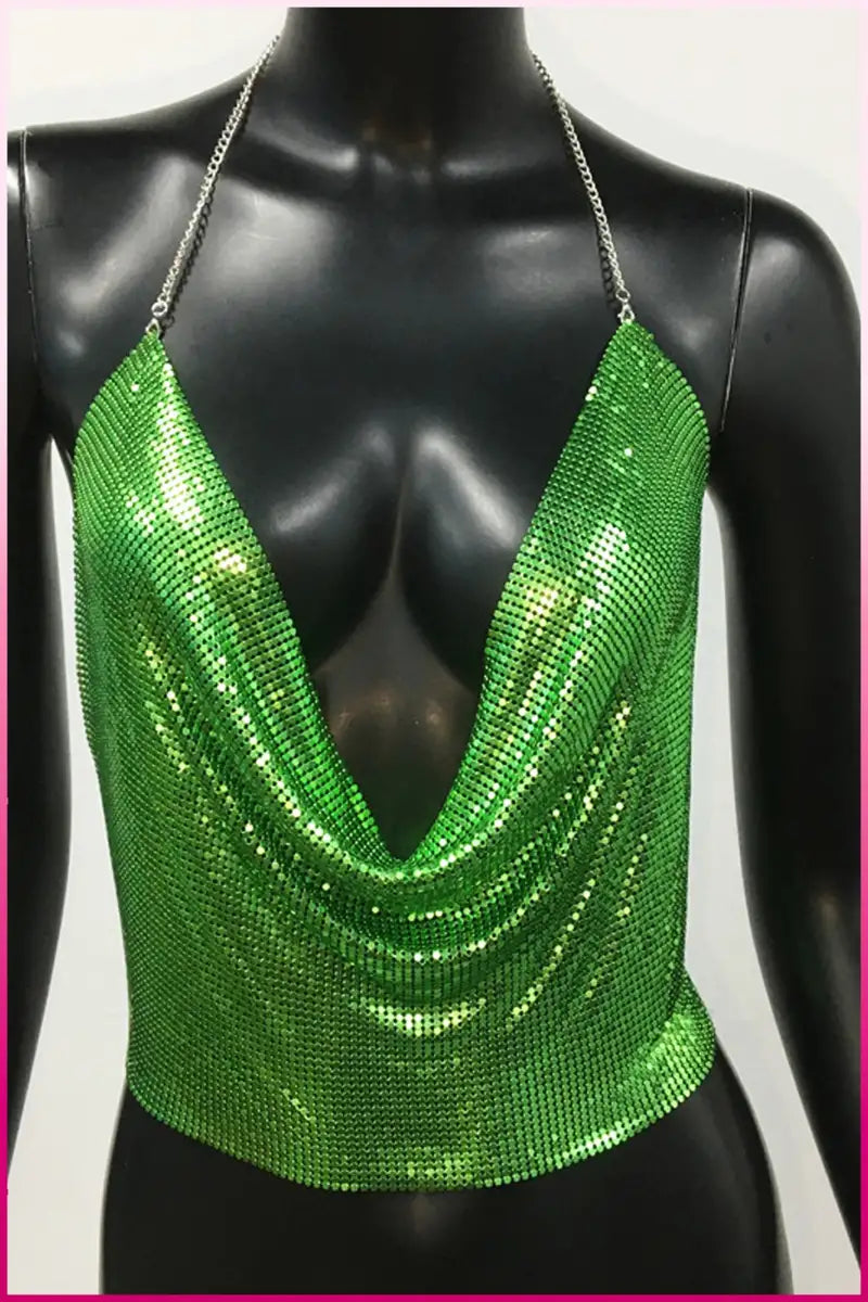 Kristal Yeşil Taşlı Parlak Crop &amp; Bluz Kolsuz Kayık Yaka Parti Plaj Büstiyer