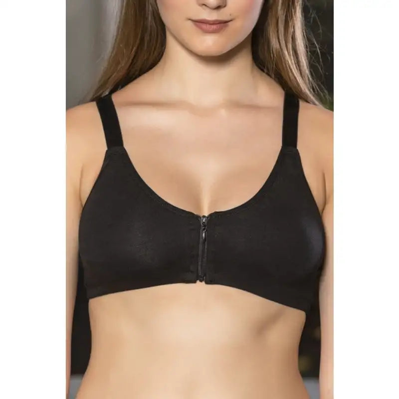 Sİyah Önden Fermuarlı Pamuklu Sütyen,Günlük ve Medikal Kullanım İçin, Kadın İç Giyim