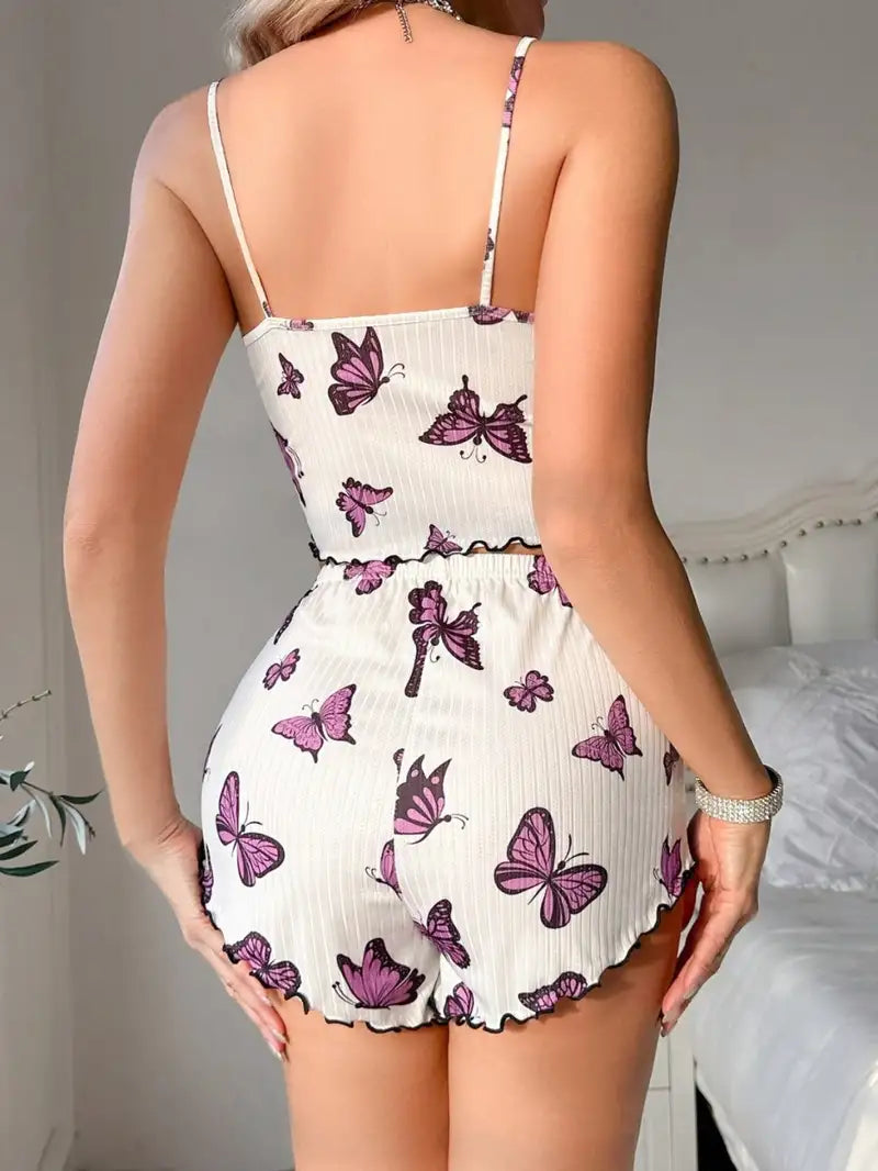 Kadın Lila Kebek Desenli Mini Şortlu Takım